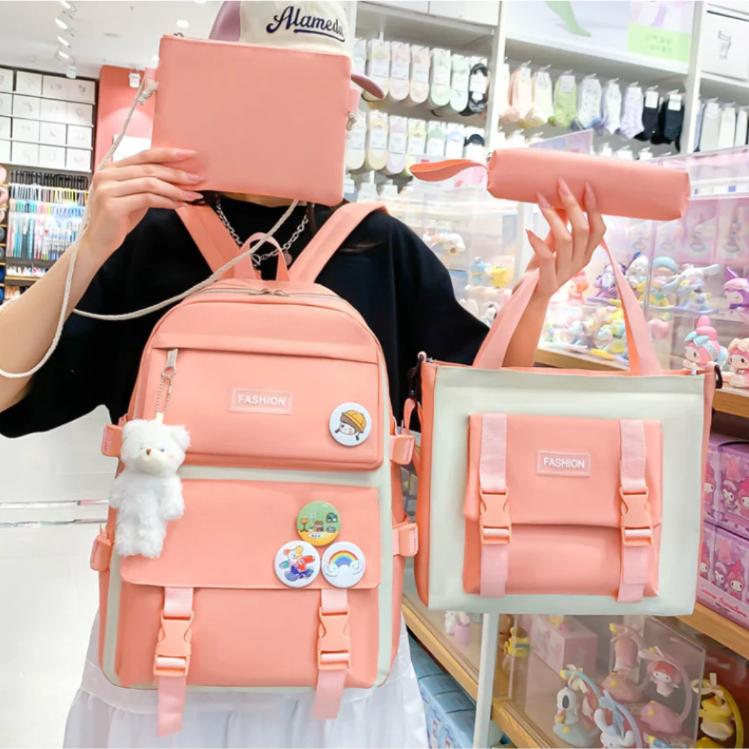 Kit Combo Mochila Escolar Kawaii - 5 Pieza