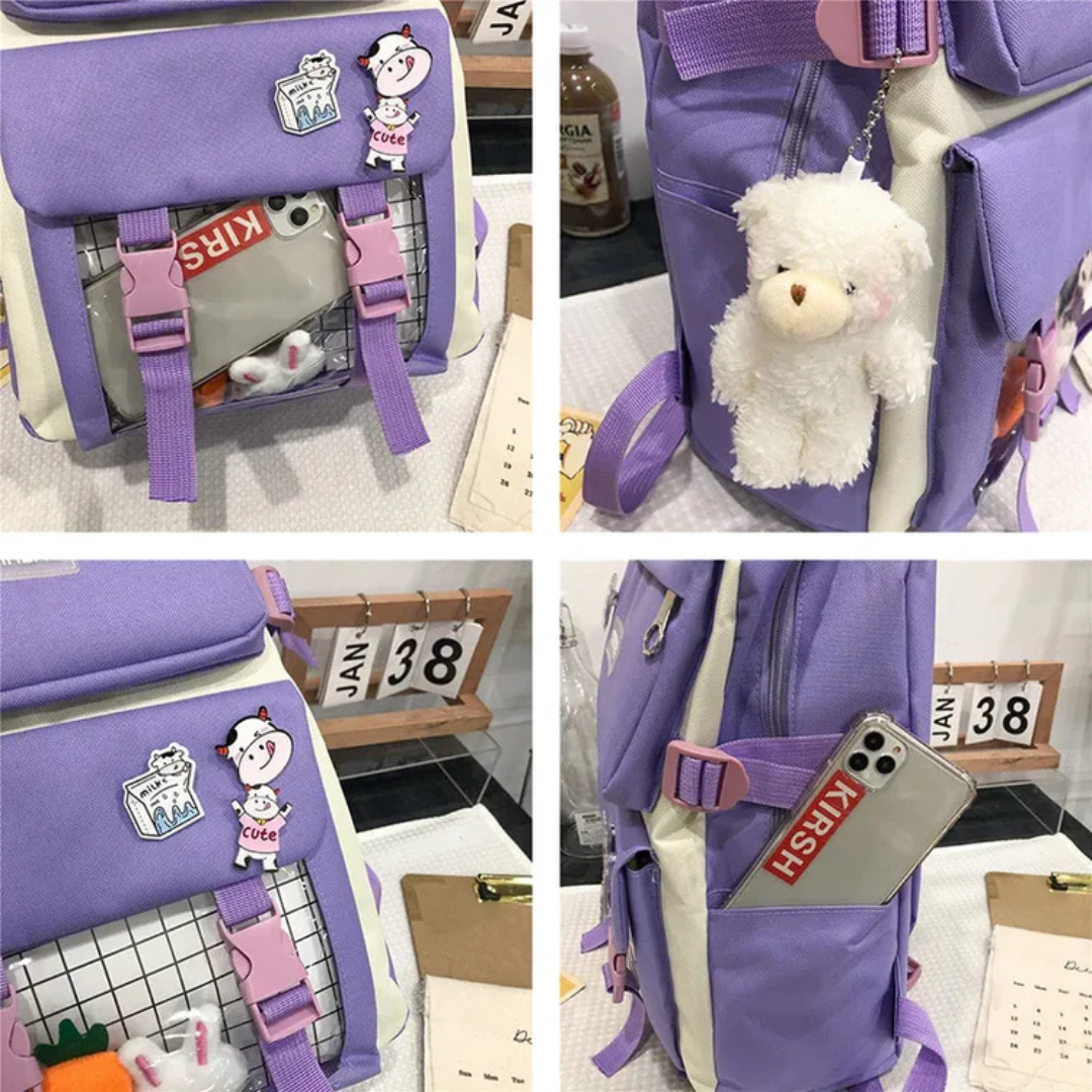 Kit Combo Mochila Escolar Kawaii - 5 Pieza