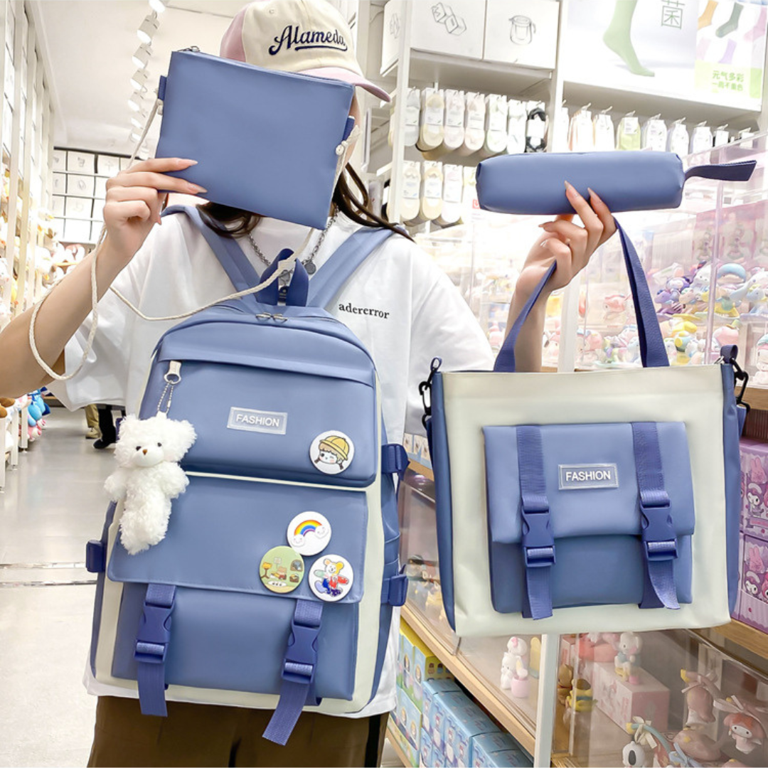 Kit Combo Mochila Escolar Kawaii - 5 Pieza